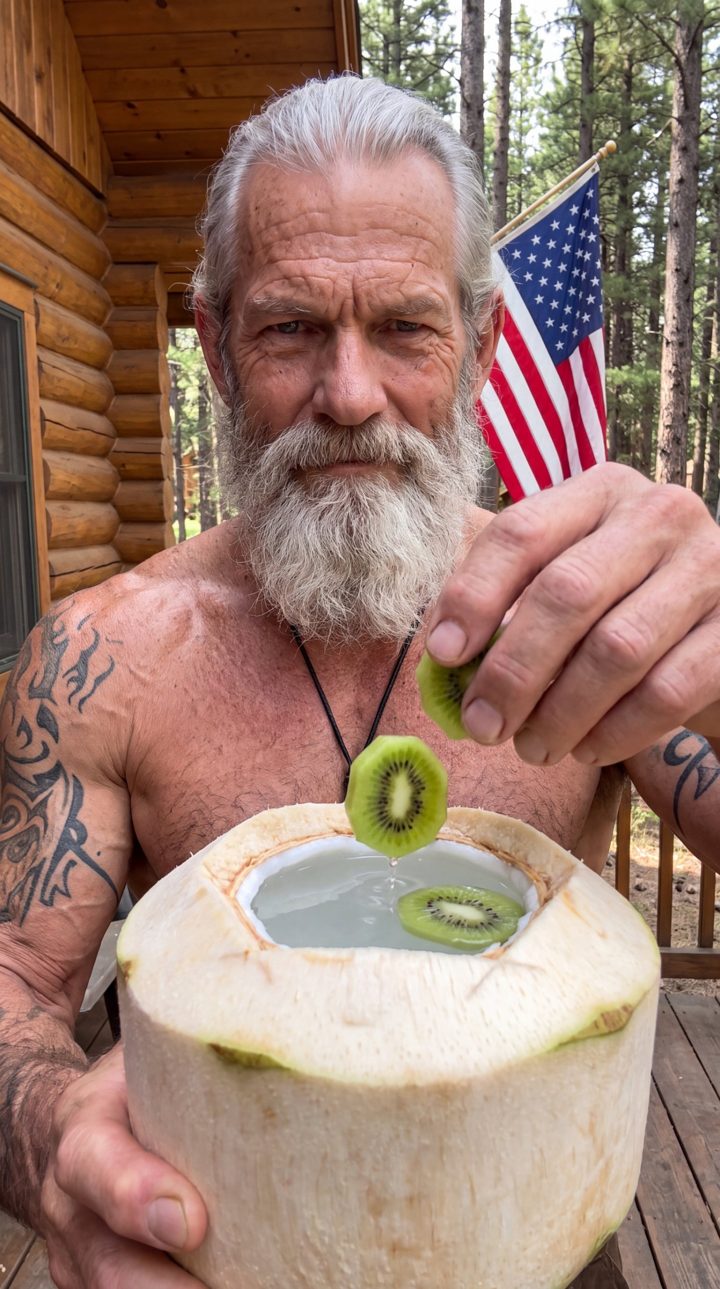 The old warrior adding kiwi slices to a fresh coconut